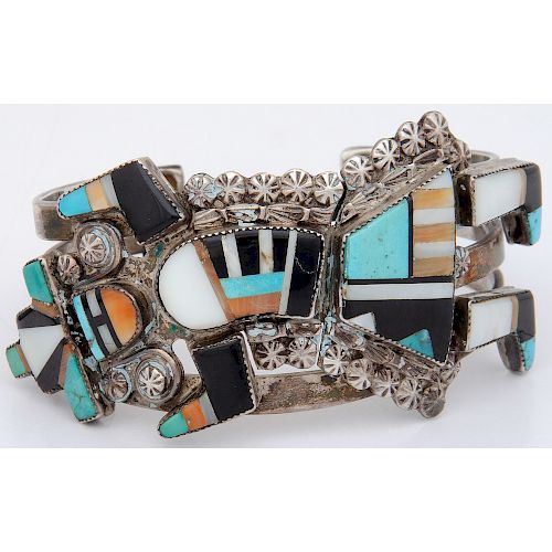 Zuni Rainbowman Mosaic Inlay and Silver Cuff Bracelet