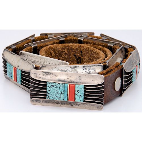 Silver, Turquoise, and Coral Concha Belt, From the Collection of Robert B. Riley, Urbana, IL