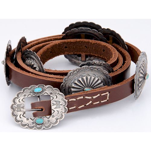 Navajo Silver and Turquoise Concha Belt, with Whirling Logs and Thunderbirds