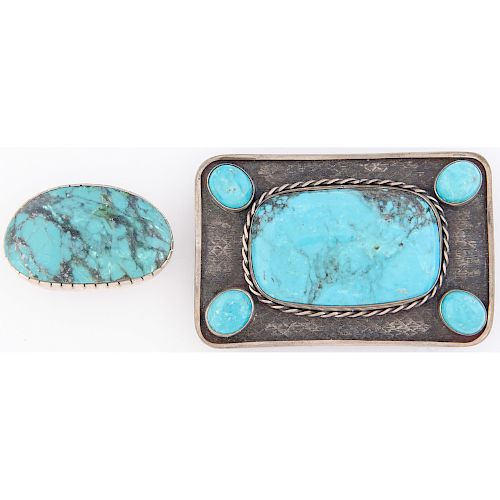 Silver and Turquoise Belt Buckle and Tie Pin