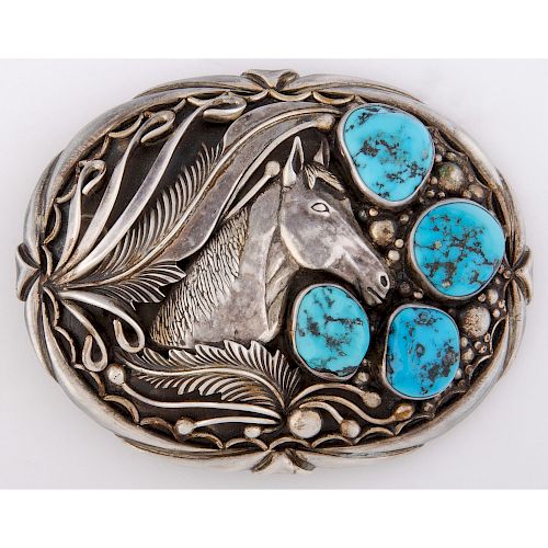 R.L. Guerro (Dine, 20th century) Navajo Silver and Turquoise Belt Buckle, with Horse Heads