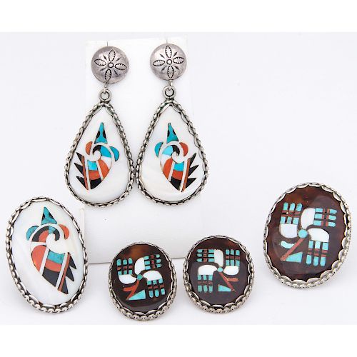 Two Sets of Mosaic Inlay Earrings and Ring