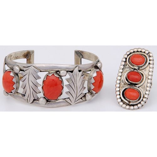 Southwestern Silver and Coral Ring AND Cuff Bracelet