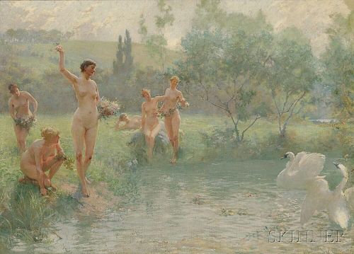 Herbert F. Denman (American, 1855-1903)      Nymphs with Swans