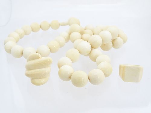 Carved Beaded Necklace And Two Rings