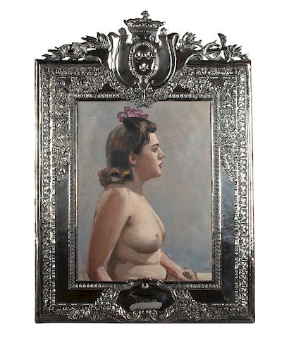 Modern French Oil/ Canvas of Nude in Silvered Repousse Frame