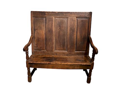  English Carved Elm Wood Tall Bench, 18th Century