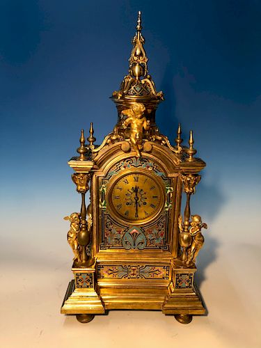 Very Large 19th C. French Champleve Enamel Gilt Bronze Clock