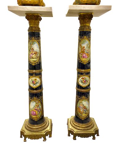 A Pair of Sèvres-Style Gilt Bronze-Mounted Porcelain Columnar Pedestals, Late 19th Century