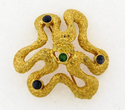 Ilias Lalaounis Sapphire Emerald 18k Gold Snake Serpent Chimera Brooch/Pin