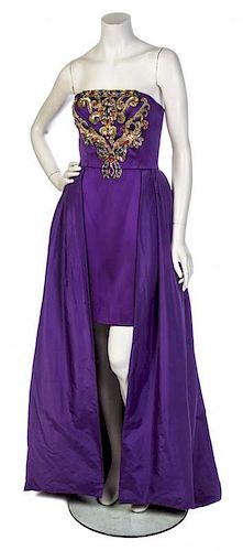 * A Bellville Sasson Lorcan Mullany Purple Short Strapless Gown, Size 6.