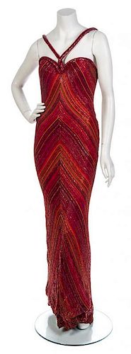 * A Bob Mackie Red Satin Beaded Gown, Size 8.