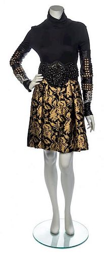 * A Christian Lacroix Gold and Black Brocade Ensemble, Size 40, turtleneck size M, boots size 40 and 42.