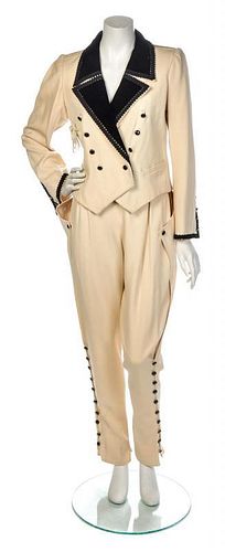 * An Emanuel Ungaro Cream Suit with Black Velvet Collar, No size.
