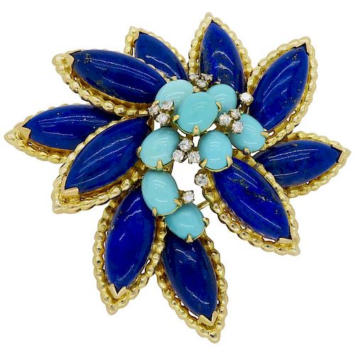 Lapis, Turquoise and Diamond Brooch or Pendant in 18k 