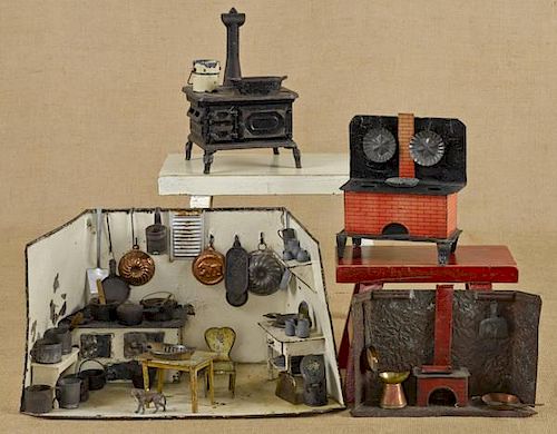 Tin kitchen diorama with a large group of miniatu