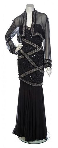 * A Fabrice Black Silk Beaded Evening Gown, Size M.