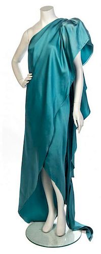 * A Halston Teal Blue Silk Single Shoulder Evening Gown, No size.