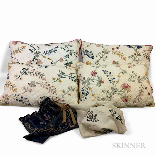Four Crewelwork Pillows and Two Early Swatches of Embroidered Linen
