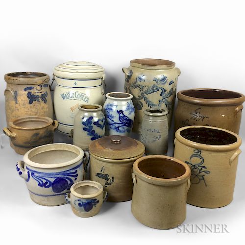 Thirteen Stoneware Jars, Crocks, and a Water Cooler