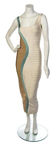 * An Herve Leger Cream, Blue and Tan Bandage Dress, No size.
