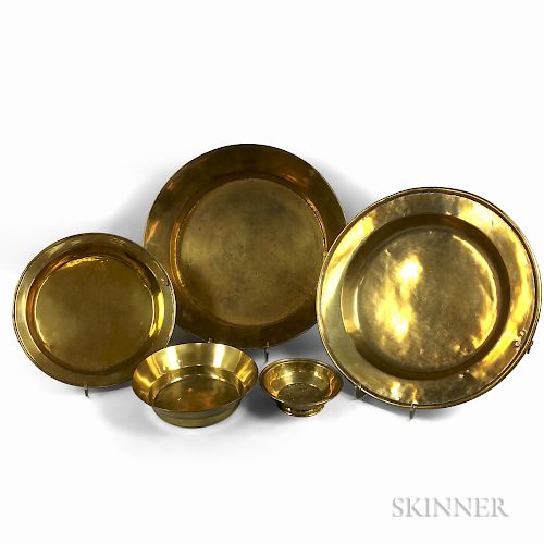 Five Brass Round Bowls and Basins