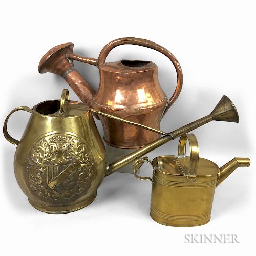 Three Copper and Brass Watering Cans