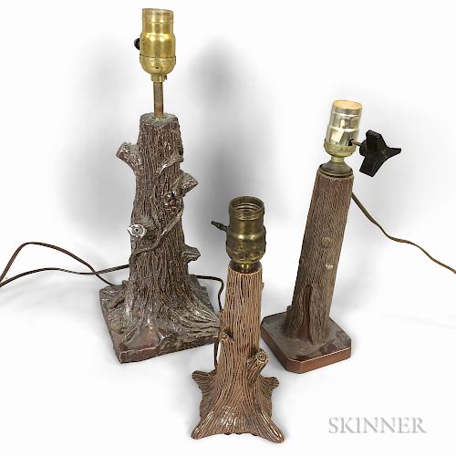 Three Faux Bois Pottery Table Lamps