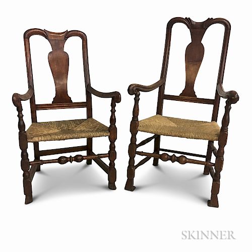 Two Queen Anne-style Carved Maple Spanish-foot Armchairs