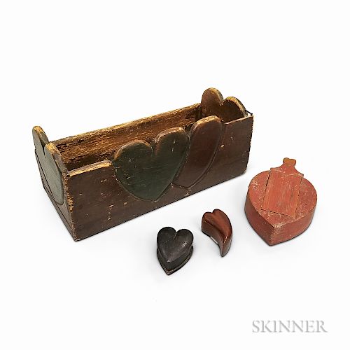 Four Carved and Painted Wood Heart-form Boxes