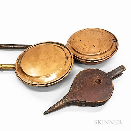 Two Engraved Copper Bedwarmers and a Pine Bellows.  Estimate $150-250
