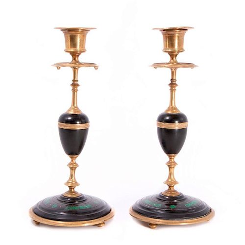 Pair of inlaid brass candlesticks.