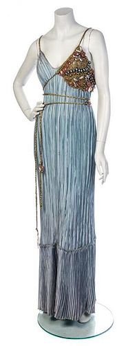 * A Mary McFadden Blue Pleated Halter Gown, Size 10.
