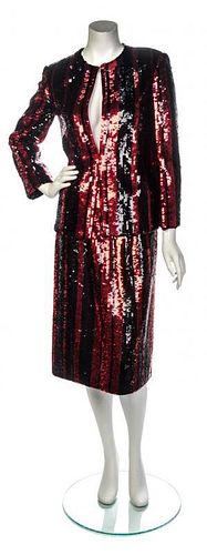 * A Michaele Vollbrach Black and Red Sequin Striped Evening Suit, Jacket size 10.