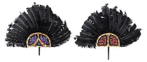 * A Pair of Black Feather and Sequin Hand Fans, No size.