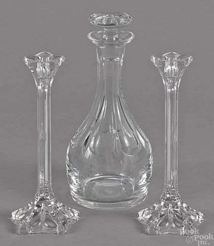 Colorless glass decanter, together with a pair of