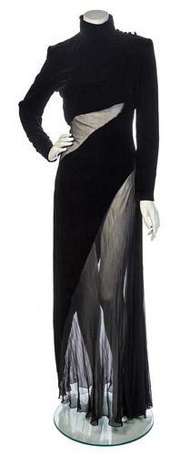 * A Black Velvet and Sheer Evening Gown, No size.