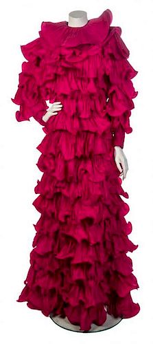* A Pierre Cardin Fuchsia Ruffle Evening Gown, No size.