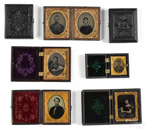 Seven early tintypes/ambrotypes, several with gut