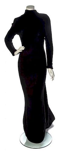 * A Thierry Mugler Black Wool Blend Column Evening Gown, Size 40.