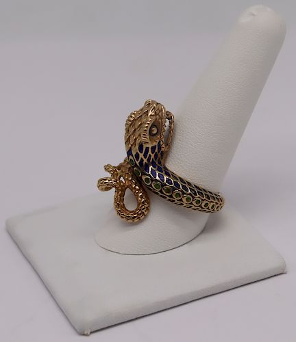 JEWELRY. 18kt Gold and Enamel Bypass Snake Ring.