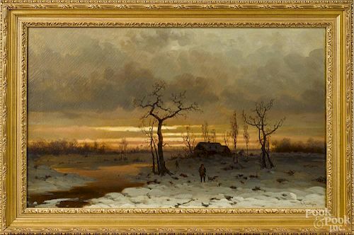 B. Kreutzer (German 19th c.), oil on canvas winter landscape, signed lower right, 22'' x 36''.