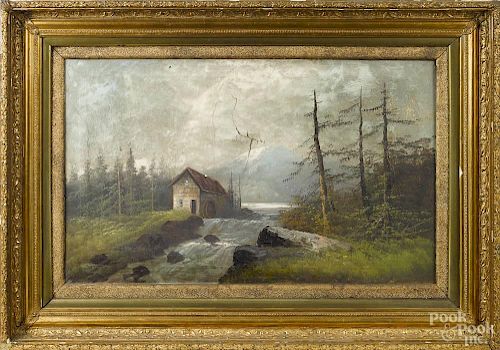 Oil on canvas landscape, 19th c., with a mill, 22'' x 36''.