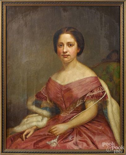 Oil on canvas portrait of a young woman, late 19th c., 36'' x 29''.