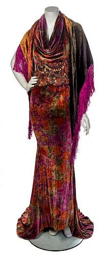 * A Crushed Velvet Floral Halter Gown and Wrap, No size.