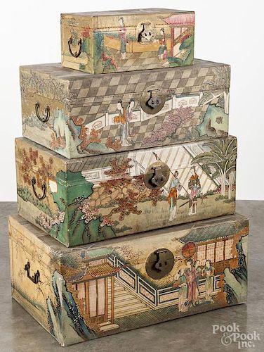 Four Chinese painted lock boxes, ca. 1900, 40'' h.