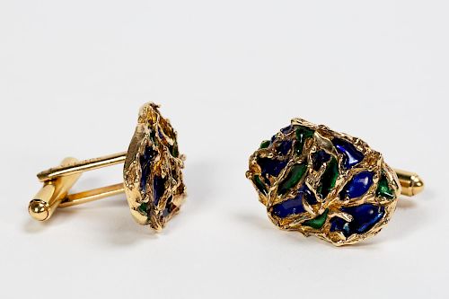 Pair, 14k Yellow Gold & Enameled Cuff Links
