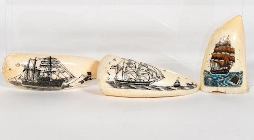 Three Carved Scrimshaw Teeth, Tall Ships