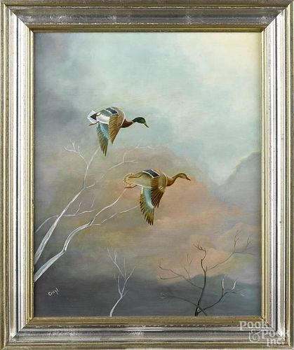 Oil on board of ducks in flight, signed Caryl, 20'' x 16''.