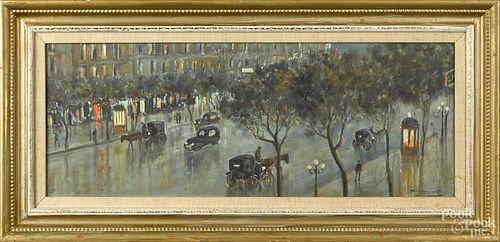Oil on canvas street scene, mid 20th c., signed indistinctly lower right Salve___, 10'' x 26''.